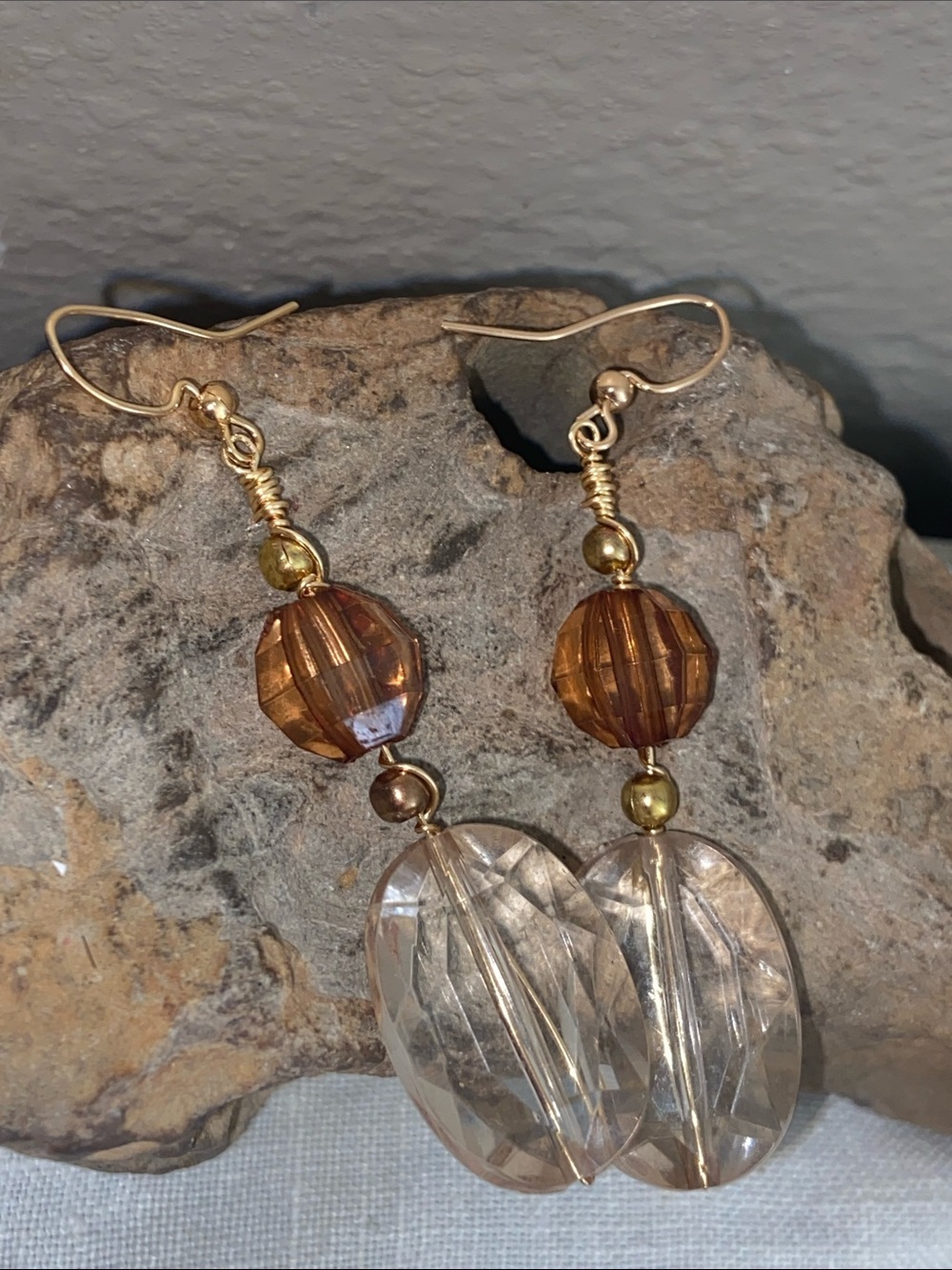 NEW Handmade Faceted Acrylic Gold-Tone Brown Clear Drop Earrings